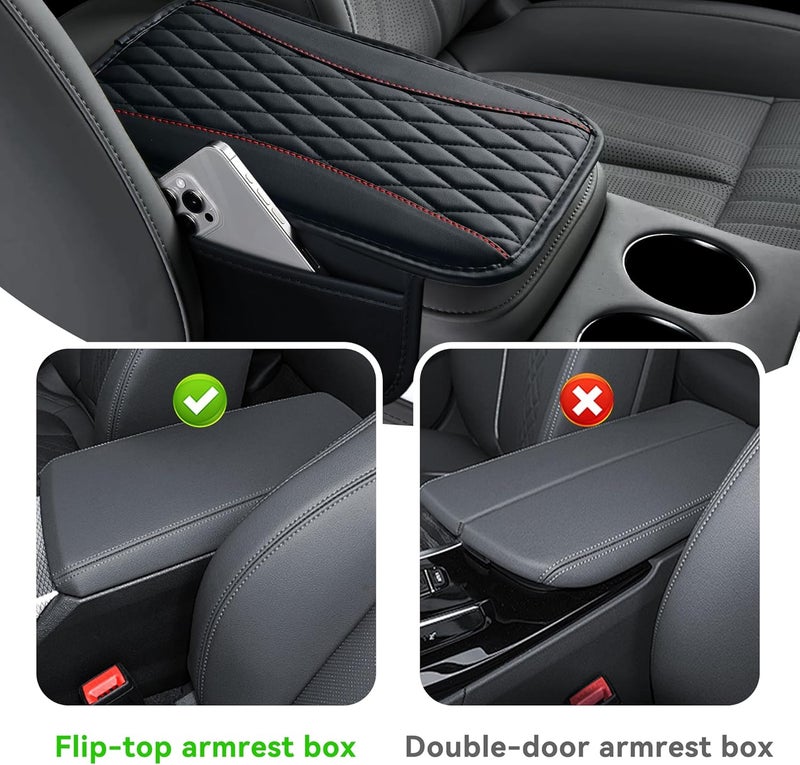 Tioollev Patchwork Leather Car Center Console Cover,Microfiber Leather Vehicle Armrest Protector Cushion with 2 Storage Bags,Universal Cars Armrest Cushion for SUV, Sedan, Truck (Black) - Image 4